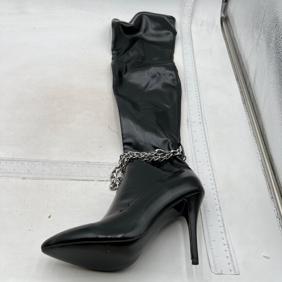 Women Stiletto Heel Over The Knee High Boots Pointed Toe , Metal Chain, Black